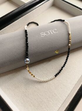 原创设计天然黑碧玺进口施家珍珠镀金40cm锁骨链项链女 金属瑕疵