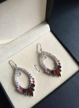925银炫彩锆石施家同款蕾哈NA娜的孤品彩钻大耳环 女