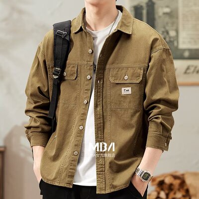 法式硬汉牛仔衬衫外套男士春秋工装衬衣男款宽松休闲上衣夹克