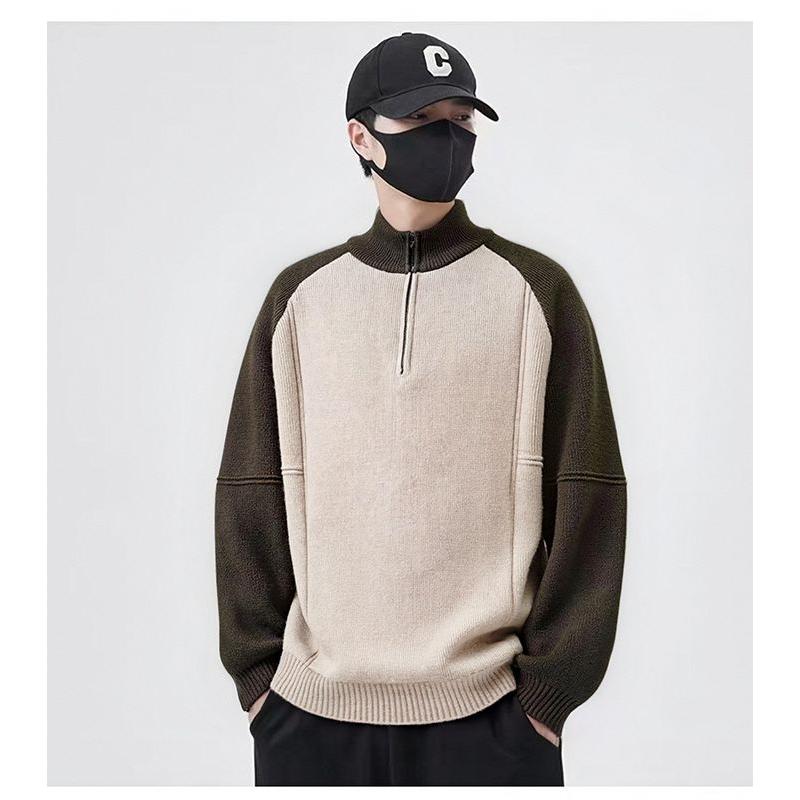 2025冬季新款拼色插肩袖复古拼接撞色提花半高领领半拉链针织毛衣