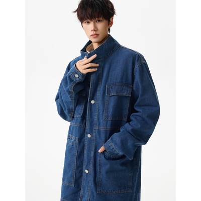 尾郎的店秋季美式宽松oversize中长款牛仔外套男痞帅工装夹克情侣