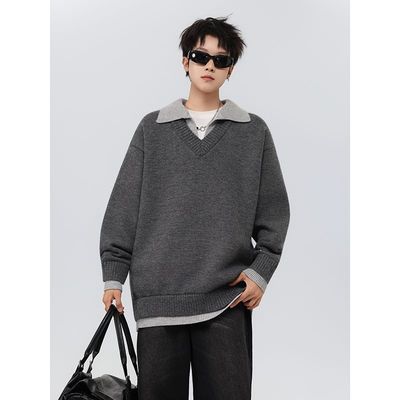 美式复古假两件v领毛衣男款冬季翻领老钱风针织衫上衣慵懒风外套