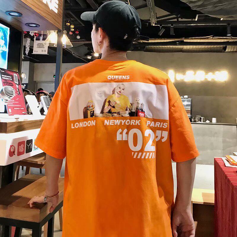 韩国国潮五分袖街头嘻哈HIP-HOP橙色短袖男女潮牌OVERSIZE情侣T恤在类目 男装, T恤中 - 来自Buy2taobao.com提供专业的淘宝代购服务