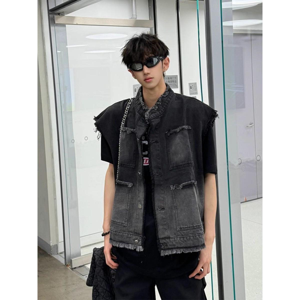美式破洞牛仔马甲男女夏季潮牌无袖坎肩背心潮流翻领工装夹克外套