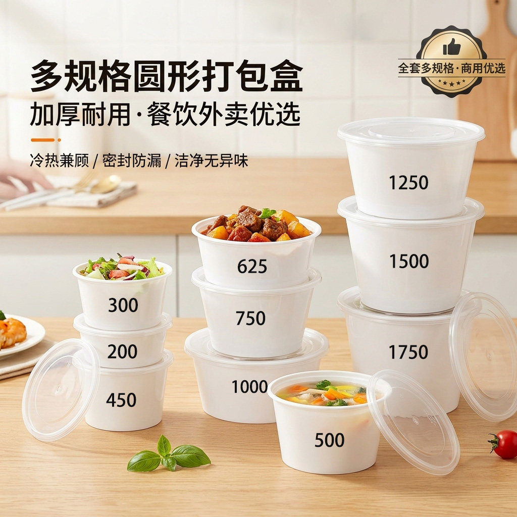 圆形一次性餐盒加厚乳白带盖外卖黑色打包盒多规格汤面碗便当盒