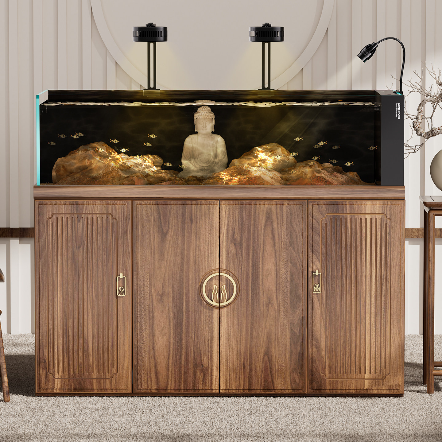 莱易欧2026新款新中式观南金晶超白玻璃鱼缸客厅底滤水族箱溪流缸,宠物/宠物食品及用品,底柜/落地缸,淘宝优惠券,粉丝福利购,淘宝优惠卷