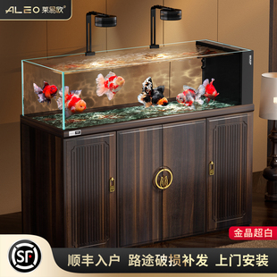 莱易欧2026新款 鱼缸金晶超白玻璃底滤金鱼缸 3层干湿分离客厅立式