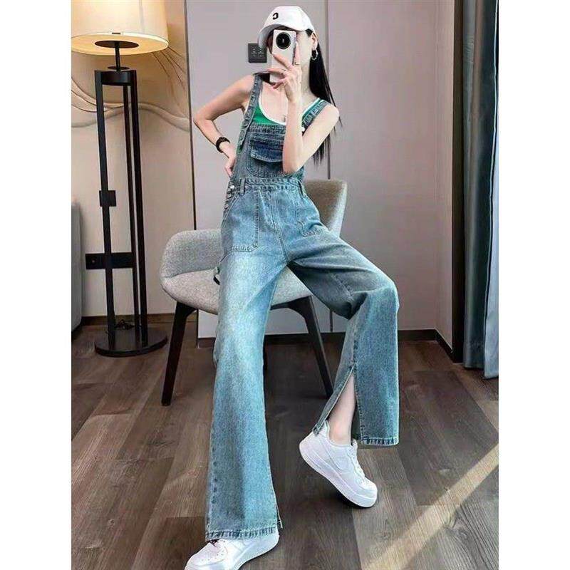 开叉阔腿牛仔背带裤女减龄2026春秋新款设计感高腰显瘦炸街工装裤