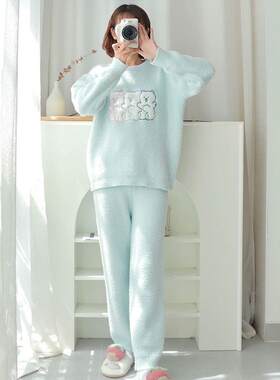 冬天珊瑚绒睡衣女款2024年新款秋冬小熊加厚保暖可外穿家居服套装