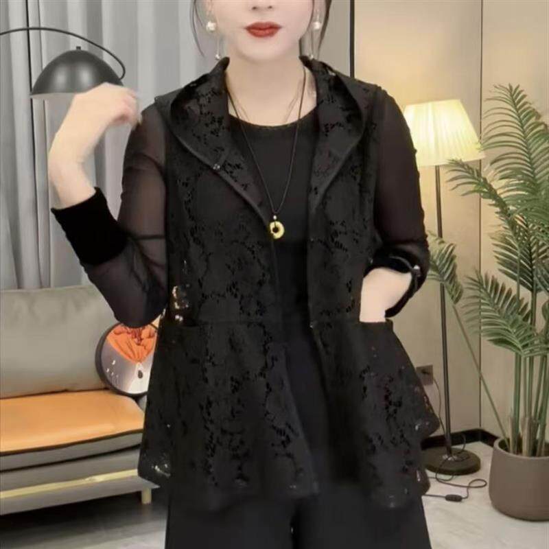 连帽蕾丝马甲女2026年春秋新款宽松百搭气质减龄叠穿坎肩上衣外套