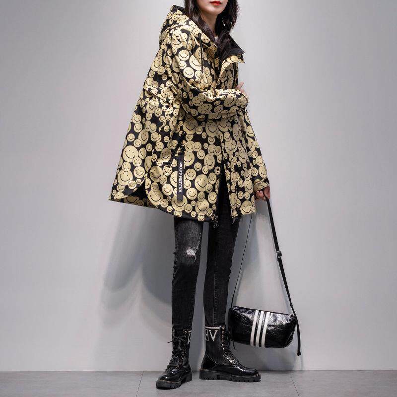 印花风衣女中长款2026秋季新款韩版连帽长袖休闲百搭宽松显瘦外套