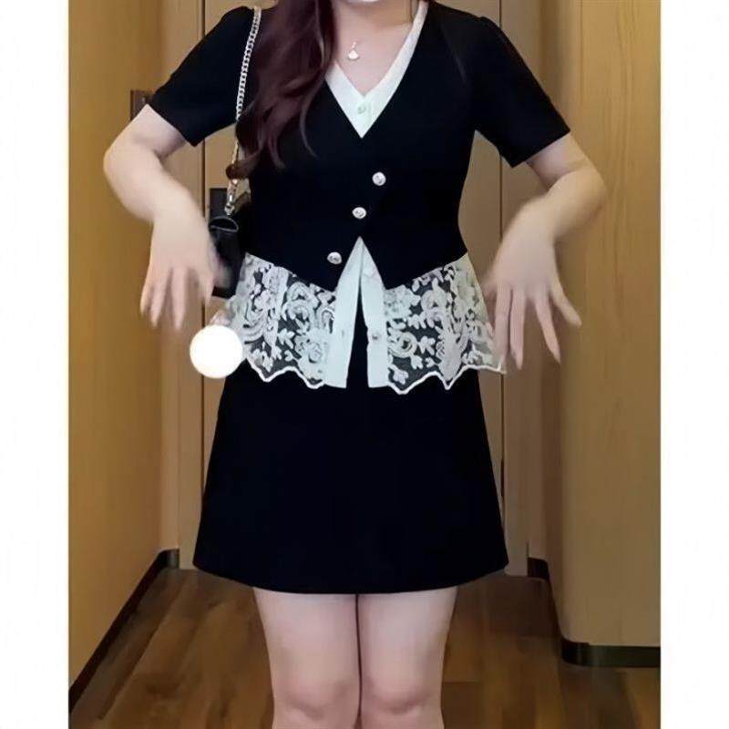 大码胖mm纯欲风别致假两件短袖t恤女+半身裙短裙子显瘦两件套装女