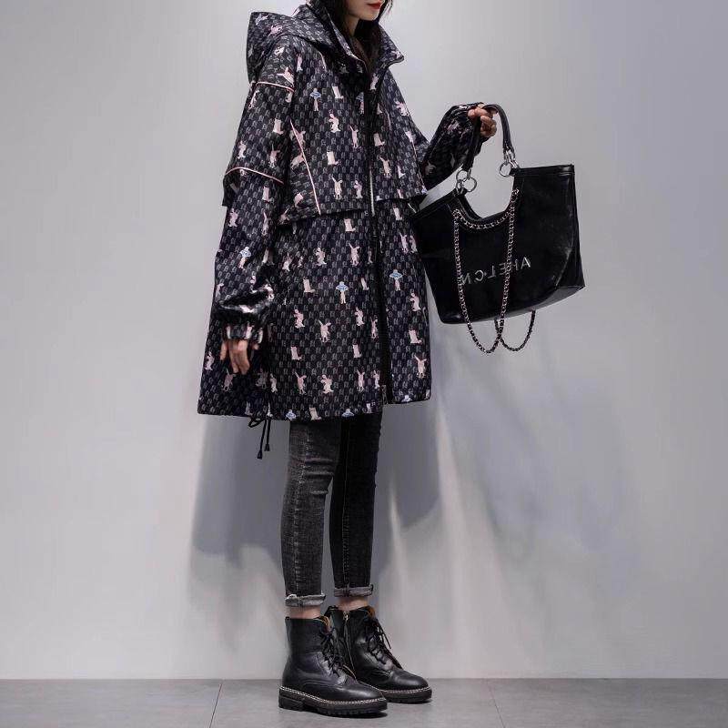 千鸟格印花风衣女中长款2026秋冬新款韩版连帽长袖时尚休闲外套潮