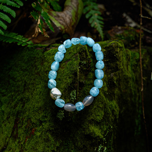 舒适 三坛星石 自由 力量 925银天然海蓝宝随形手串手链 岩光