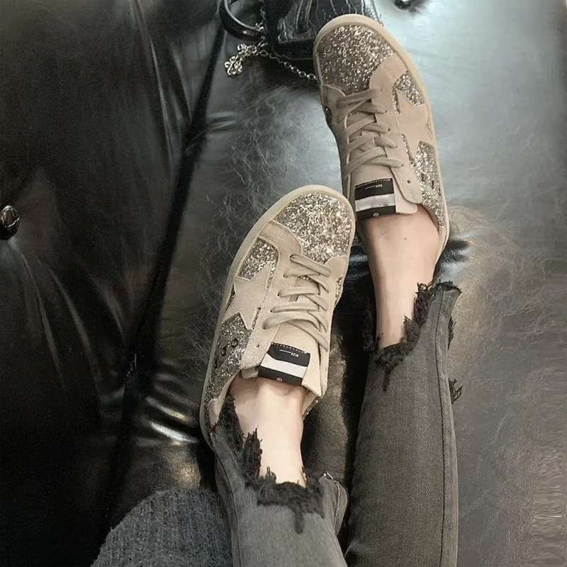 真皮系带亮片银色小脏鞋女
