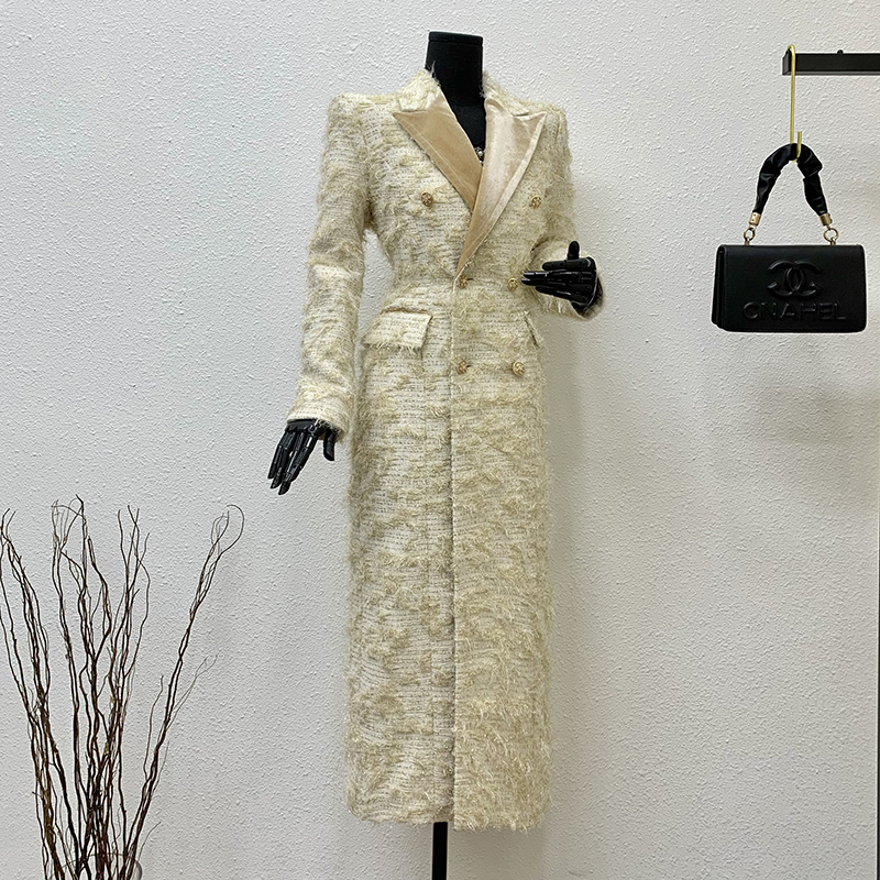 米色长款冬季加棉加厚棉服女气质休闲大衣2025双排扣修身显瘦外套