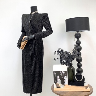 2025年夏季女修身气质复古黑色丝绒宴会名媛风长袖包臀礼服连衣裙