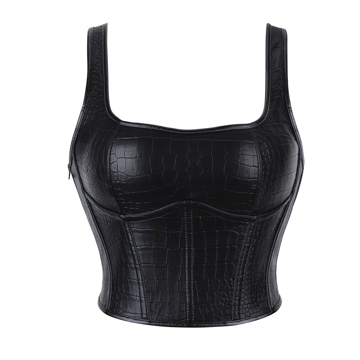 鳄鱼纹皮吊带束腰马甲背心夜店性感方领鱼骨胸衣带拉链束身corset