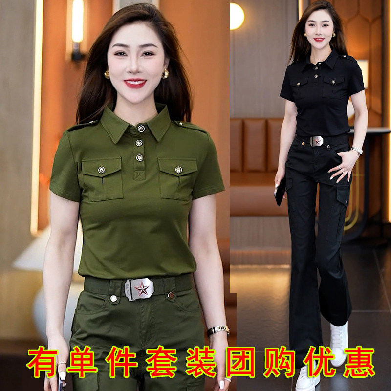 女春夏迷彩服套装全棉翻领短袖T恤polo衫军绿喇叭裤军迷表演大码