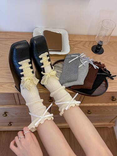特价女袜秋冬款花边蝴蝶结公主袜搭配洛丽塔裙子袜竖条纹堆堆棉袜