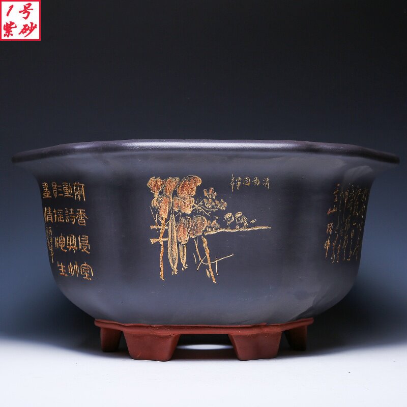 宜兴紫砂花盆陶瓷大号六角室内特大号客厅发财树紫砂盆景盆精品
