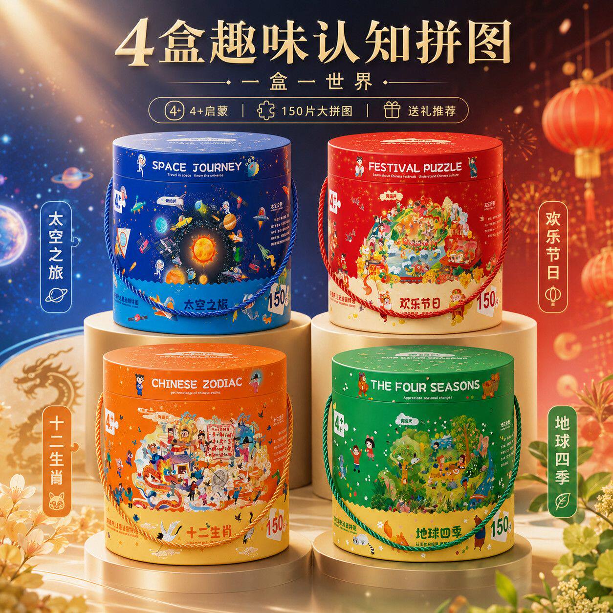 六一儿童礼物儿童拼图圆筒手提礼盒进阶益智圆形3-6岁男女孩玩具