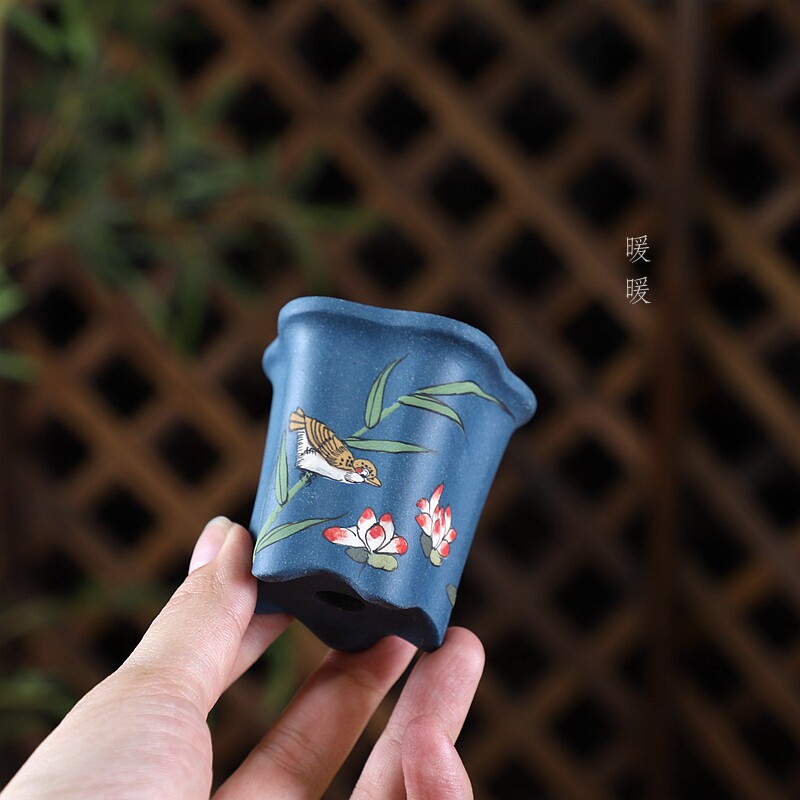 『泥绘荷花花口盆』 暖暖花器 原矿紫砂 微型花盆 袖珍迷你 精品