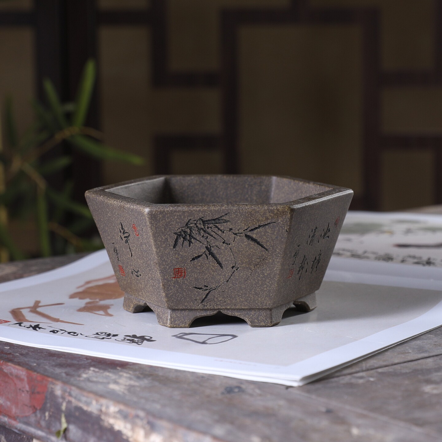 『带脚斜口六方 鲨皮青』暖暖精选 精品手工紫砂花盆盆景盆文人盆