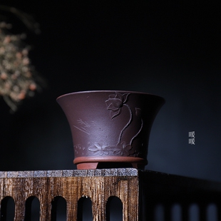 『敞口圆盆铜钱孔』全手工制作 原矿紫砂清水泥 作者吴为民