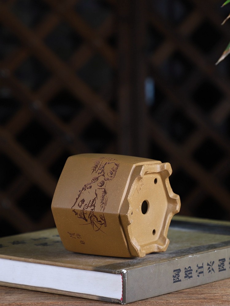 『高脚小六方盆』苏兵款 精品手工紫砂小花盆 刻绘菖蒲/精气神