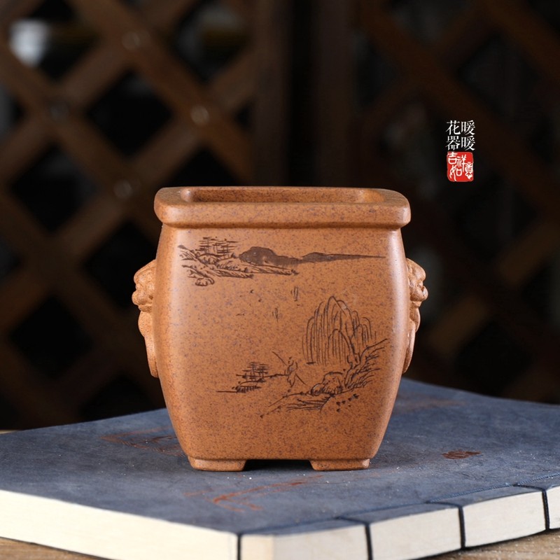 『兽环口边高四方』暖暖精选苏兵款手工小花盆紫砂古典柴烧刻绘绿