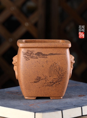 『兽环口边高四方』暖暖精选苏兵款手工小花盆紫砂古典柴烧刻绘绿