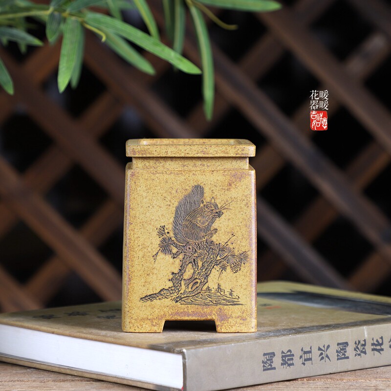 『束口正方高盆』柴烧段泥唯珍孙福林全手工精品紫砂花盆收藏把玩
