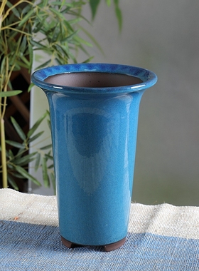 暖暖精选宜兴紫砂均釉系列10蓝色直脚喇叭兰花绿植盆景春兰寒兰小