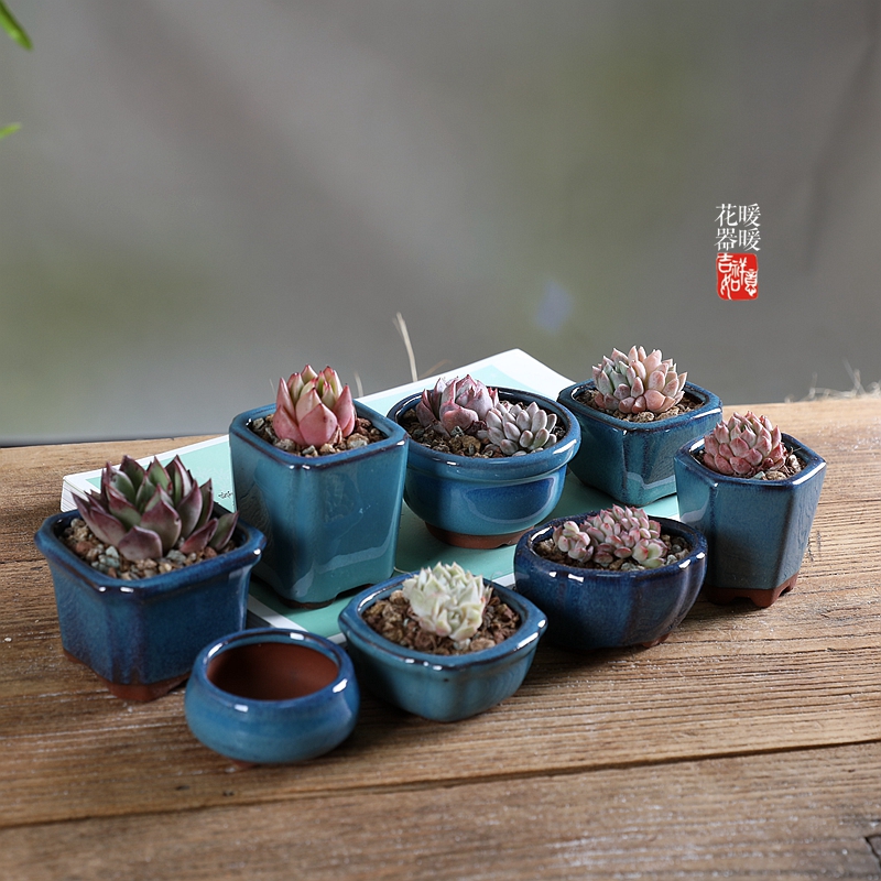 宜兴紫砂均釉系列01蓝色微型多肉