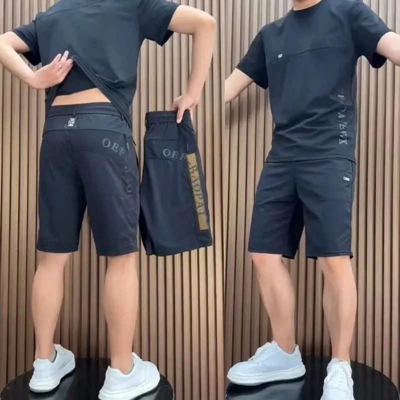 夏季薄款冰丝速干男士休闲套装弹力印花透气网眼清爽运动短裤T恤