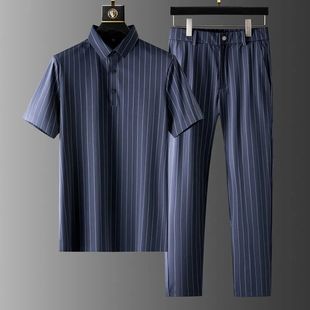 男士 休闲短袖 商务轻奢高端休闲冰丝套装 夏季 薄款 条纹两件套男装