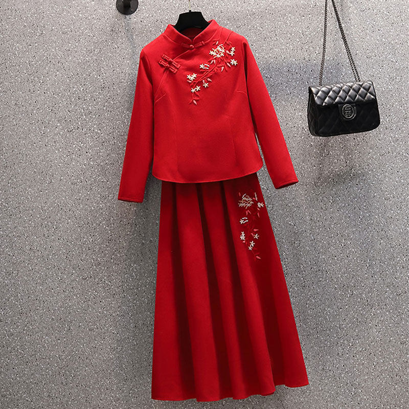 CHINESE STYLE RED TANG COSTUME WOMENS SPRING AND AUTUMN HANFU REPUBLIC OF CHINA STYLE IMPROVED CHEONGSAM LONG-SLEEVED TOP TEA ART CAI EAR SUIT SET