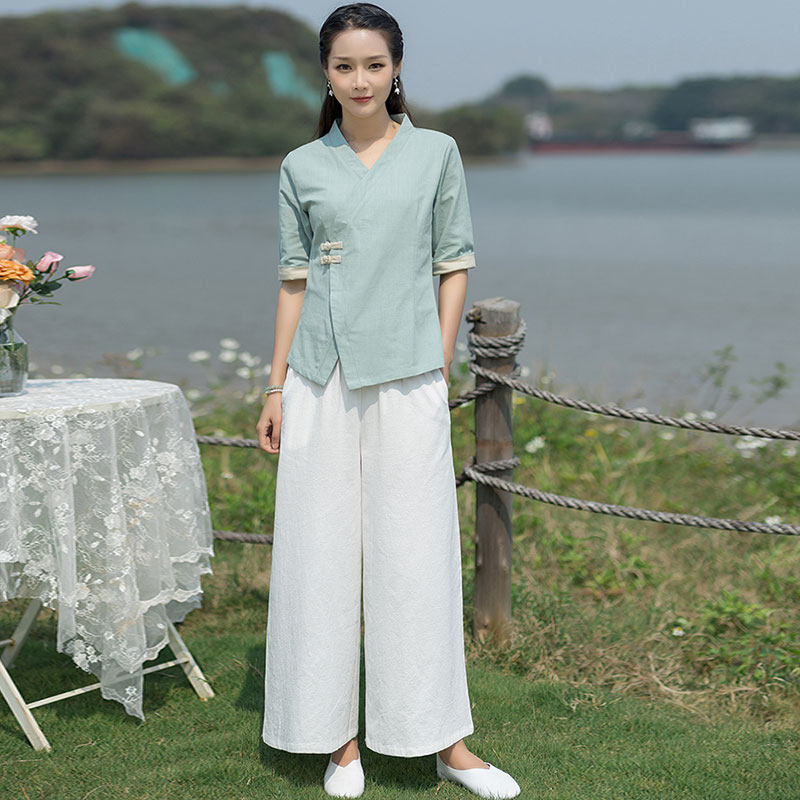 CHINESE STYLE HANFU WOMENS SUMMER NEW TANG DRESS TOP COTTON LINEN ZEN TEA SUIT TEA HOUSE CHINESE MEDICINE HALL WORK CLOTHES SET