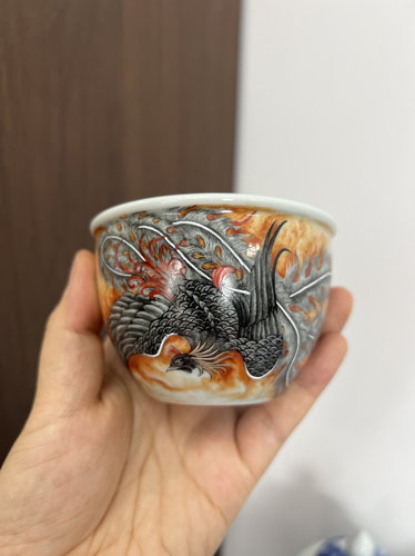景德镇釉上彩矾红墨彩凤凰纹缸杯 主人杯茶杯高端茶器