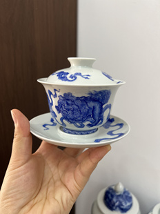 景德镇陶月楼精工手绘狮子滚绣球三才盖碗 全手工手绘 150ml