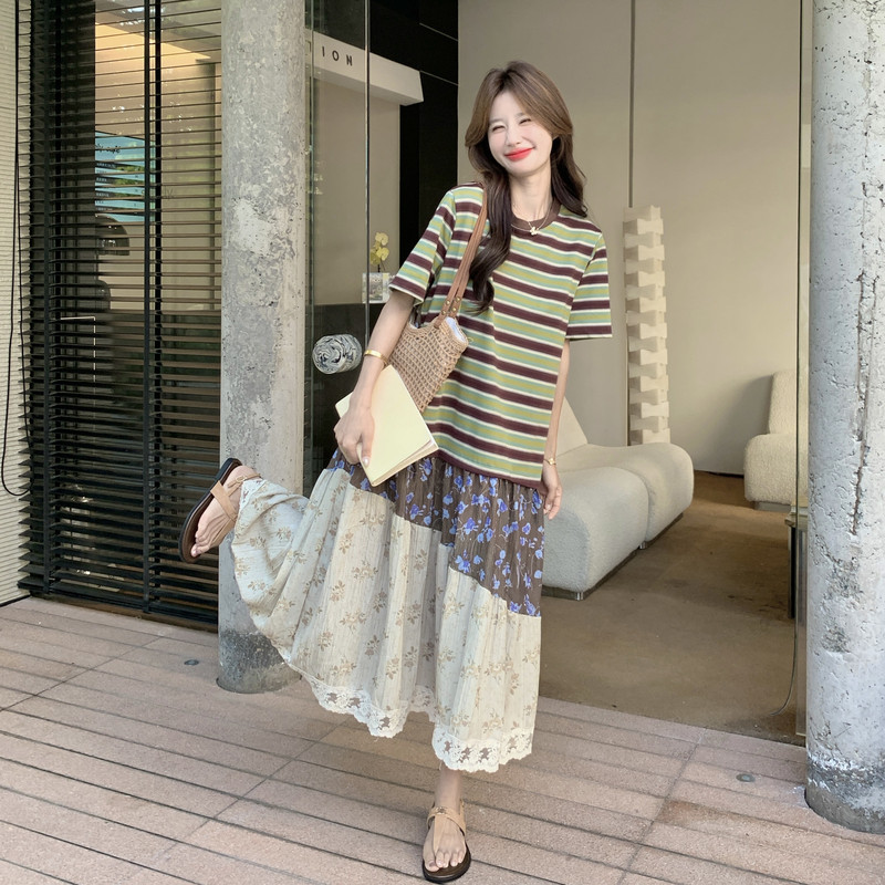 【新款】碎花条纹拼接连衣裙2C060-2629-P135-K218,女装连衣裙,柏妮丝绮