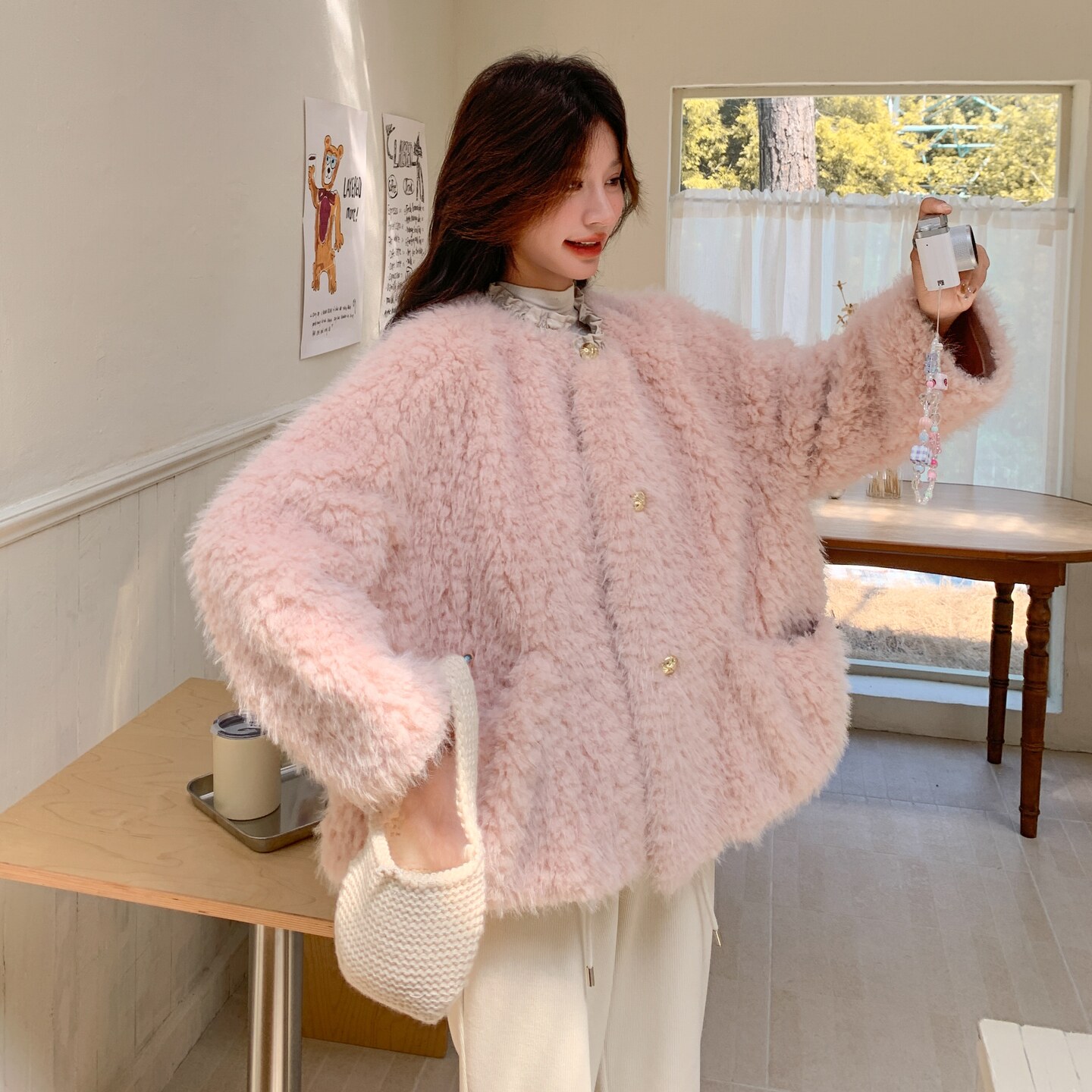 【现货】圆领抽褶皮毛外套2566-粉P195-K298,女装棉衣/棉服,柏妮丝绮