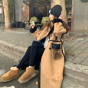 韩版气质毛毛拼接皮毛一体大衣女2025年冬季新款显瘦加厚棉衣棉服