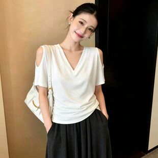 老钱风大码女装胖妹妹韩系气质镂空露肩短袖T恤洋气辣妹显瘦上衣