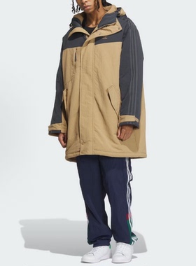 adidas 拼色按扣中长款运动连帽棉服 男款 纸板黄色IU4790