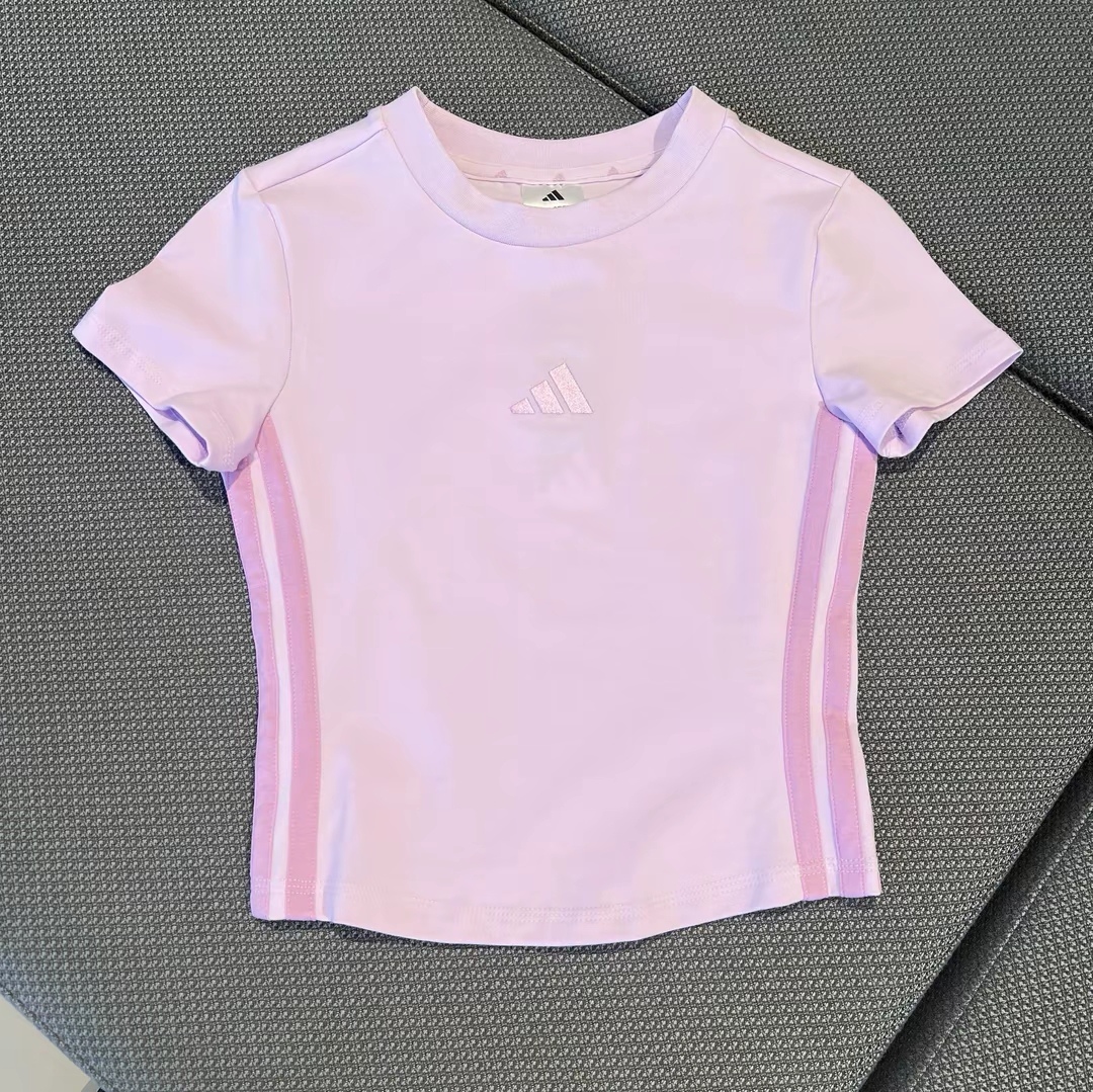 正品 adidas  条纹舒适运动透气短袖 T恤 女款 紫色JE1248