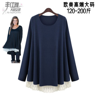 胖mm韩版 女装 显瘦蕾丝拼接宽松T恤上衣女200斤 欧美大码 2019秋季
