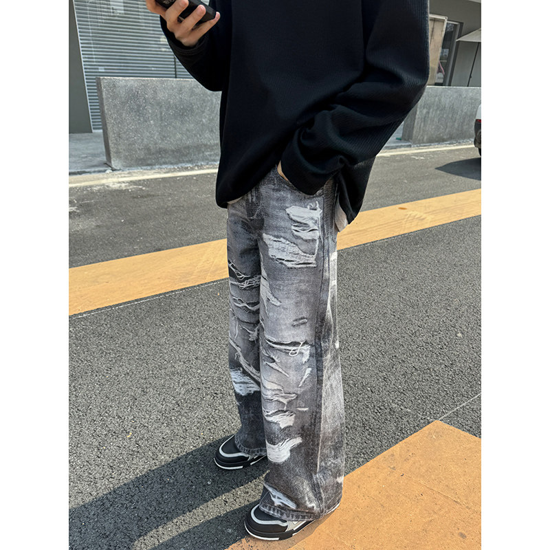 1110-1151-P130 印刷牛仔裤 手绘印花宽松直筒裤图片