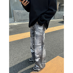 1110-1151-P130 原创高街裤子男装牛仔裤 手绘印刷印花宽松直筒裤图片